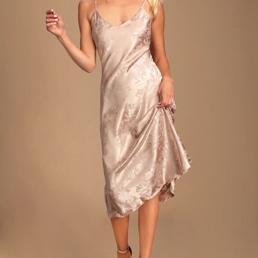 Lulus Calla Love Champagne Jacquard Satin Slip Dress Pink - Size M